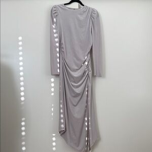 Express Elegant Long Sleeve Driftwood Gray Ruched Midi Dress